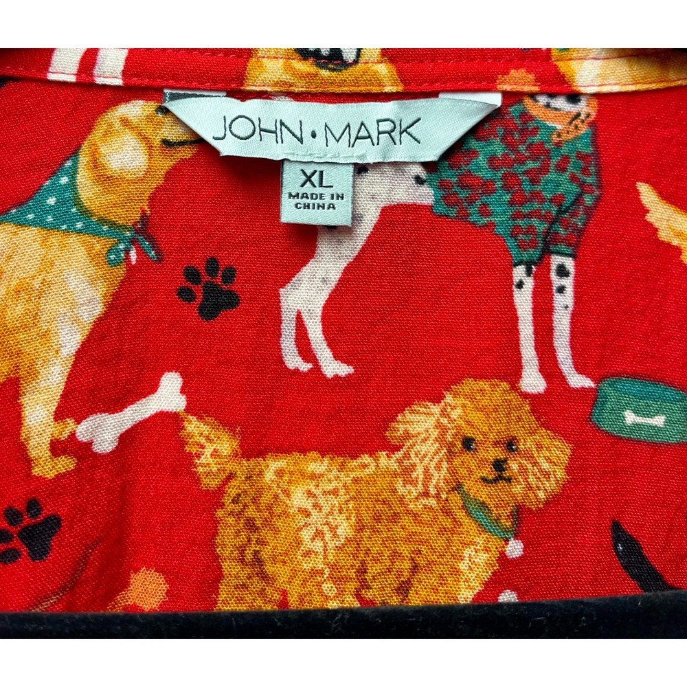 John Mark Button Down Shirt XL Red Dog Print Novelty Quirky Pet Lover Paw Bone - Picture 6 of 7